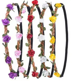 Astrqle 711181285345 5pcs Bohemian Flower Headband Hair Band With Elastic Ribbon Headwear Headpieces