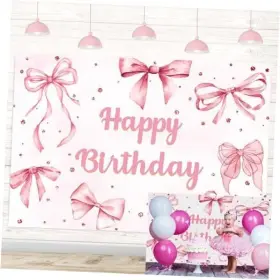 Apdecclk-20241115-backdrop Balloon-apdecclk-dc Pink Bow Happy Birthday Backdrop Coquette Party 94x70 Inch 8x6ft