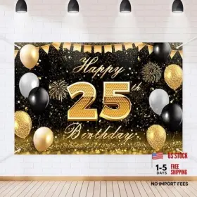 Beckten 768383551792 Black Gold Happyth Birthday Backdrop Banner Glitter Theme 25