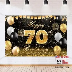 Beckten 768383551884 Black Gold Happyth Birthday Backdrop Banner Glitter Theme 70