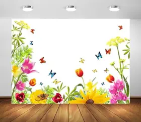 Cha20764-75 Beleco 7x5ft Fabric Butterfly Backdrop Spring Wildflowers Field Garden Tulips