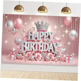 Blissyard A24110103hrjh Pink Princess Happy Birthday Backdrop 71x43 Inch Glittering Silver