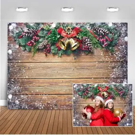Chaiya Dt-1390806 Christmas Backdrop Pine Cones Bells Wood Floor Holiday Photo Background Prop 8x6