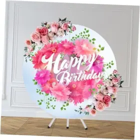 Chnywork R1-12-7272 7.2ftx7.2ft Happy Birthday Round Backdrop Cover Pink Flowers 7.2x7.2ft R1-12