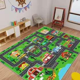 Dinsumrug Kcr-p021 Kids Carpet Car Play Rug City Life Traffic 3ft3 Inch X 4ft11 Rectangular Green