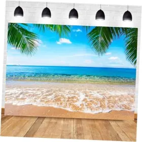 Sme-b313-fba Dotooma 7x5ft Seaside Sand Beach Sea Wave Background Photography Blue Sky Palms 7x5 Ft