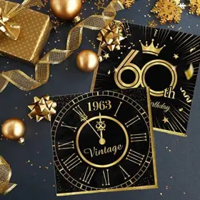 Dreamp 772168707458 Vintage Birthday Napkins-40pcs Black And Gold Happy Disposable 60th #3