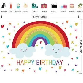 Wpau20297 Felizotos Rainbow Happy Birthday Backdrop White Clouds Stars Baby Girls Boys #3
