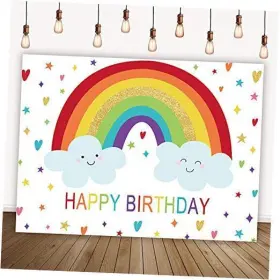 Wpau20297 Felizotos Rainbow Happy Birthday Backdrop White Clouds Stars Baby Girls Boys