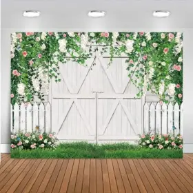Bk-456-wd Hilioens 7 5ft Spring White Wooden Door Photography Backdrop Flower Green