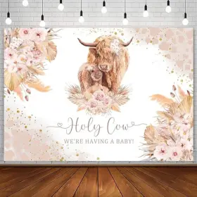 Dongq130 Inmemory Boho Pink Holy Highland Cow Baby Shower Backdrop For Girl Floral