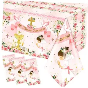 Jmanuk 772093978794 First Communion Decorations-3pcs Pink Mi Primera Comunion Tablecloth Baptism