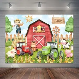 Y-010 Joliaco Red Barn Farm Birthday Backdrop Cartoon Animals Haystack Barnyard 7x5ft #2