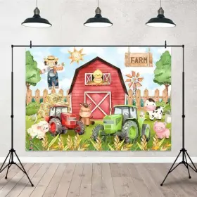 Y-010 Joliaco Red Barn Farm Birthday Backdrop Cartoon Animals Haystack Barnyard 7x5ft #3