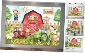 Y-010 Joliaco Red Barn Farm Birthday Backdrop Cartoon Animals Haystack Barnyard 7x5ft