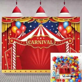 Js Backdrop Js-20240718-dn343-backdrop Circus Carnival Themed Red Curtain Stars Balloon Birthday Party 7x5ft