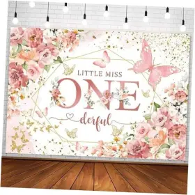 Kyd Kyd55712072023 Little Miss Onederful 1st Birthday Backdrop Blush Pink Floral Butterfly 7x5ft