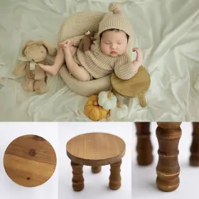 Malkit1991 744759091895 Newborn Photography Table Props Wooden Mini Retro Tea Round Stool Full-moo #3