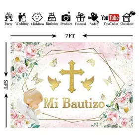 M-1560-s Msocio 7x5ft Polyester Pink Flower Mi Bautizo Backdrop Baptism First Holy 7ftx5ft #2