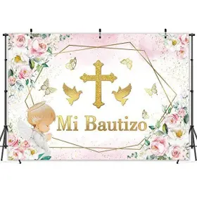 M-1560-s Msocio 7x5ft Polyester Pink Flower Mi Bautizo Backdrop Baptism First Holy 7ftx5ft #3