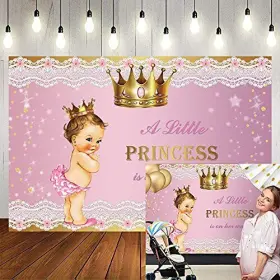N20220725zh108 Ofila Princess Baby Shower Backdrop For Girl Gold Crown Lace Pink A Little 8x6ft #2