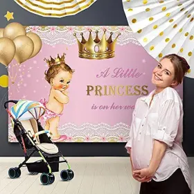 N20220725zh108 Ofila Princess Baby Shower Backdrop For Girl Gold Crown Lace Pink A Little 8x6ft #3