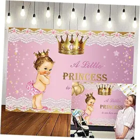 N20220725zh108 Ofila Princess Baby Shower Backdrop For Girl Gold Crown Lace Pink A Little 8x6ft