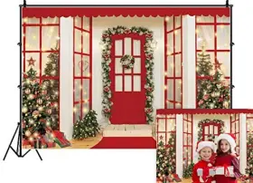 Q53-1-3 Ofila Durable/soft Fabric Christmas Backdrop Red Door Santas Workshop Wreath 8x6ft #2