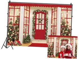 Q53-1-3 Ofila Durable/soft Fabric Christmas Backdrop Red Door Santas Workshop Wreath 8x6ft