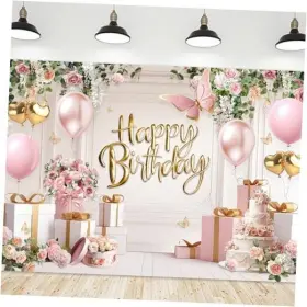 Pan Na Ryd-hqyzmx-85152 Happy Birthday Backdrop For Women Fabric Pink Flowers Balloons 7wx5h 01