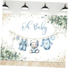 Ryd-lyfxj-78849 Pan Na Blue Baby Shower Backdrop Polyester Fabric Cartoon Cute Boy Bear Boho Sage
