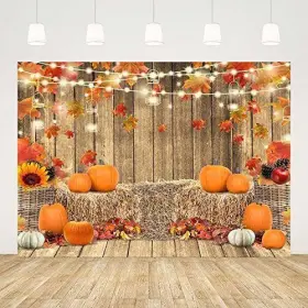 Cq385 Sendy 7x5ft Fall Pumpkins Backdrop Autumn Harvest Hay Leaves Wooden #2