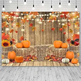 Cq385 Sendy 7x5ft Fall Pumpkins Backdrop Autumn Harvest Hay Leaves Wooden #3