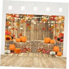 Cq385 Sendy 7x5ft Fall Pumpkins Backdrop Autumn Harvest Hay Leaves Wooden