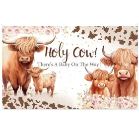 Monbj-13 Umoni Highland Cow Baby Shower Backdrop Holy Theres A On The Way Party