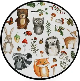 Vt-rrugs2304-01 Vantaso Kids Round Nursery Area Rug Cute 60ftft Diameter Woodland Animals