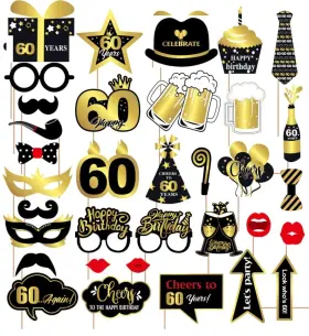 Vaujory 60ops38 34 Pcs Black And Gold Photo Booth Props For 60th Birthday Onesize Mixcolor