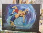 Original Oil Painting Wrestling Action Sports Art, Dynamic Male Figures, Han. Fixed Price $51.00.
