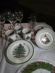 1980S Vintage Made China Stonewear Christmas Plates And Stem Glasses. Fixed Price $50.00.