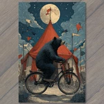 Art Print Circus Bear Riding Bicycle Full Moon Tent Stars Night Whimsical Funny. Fixed Price $99.99.